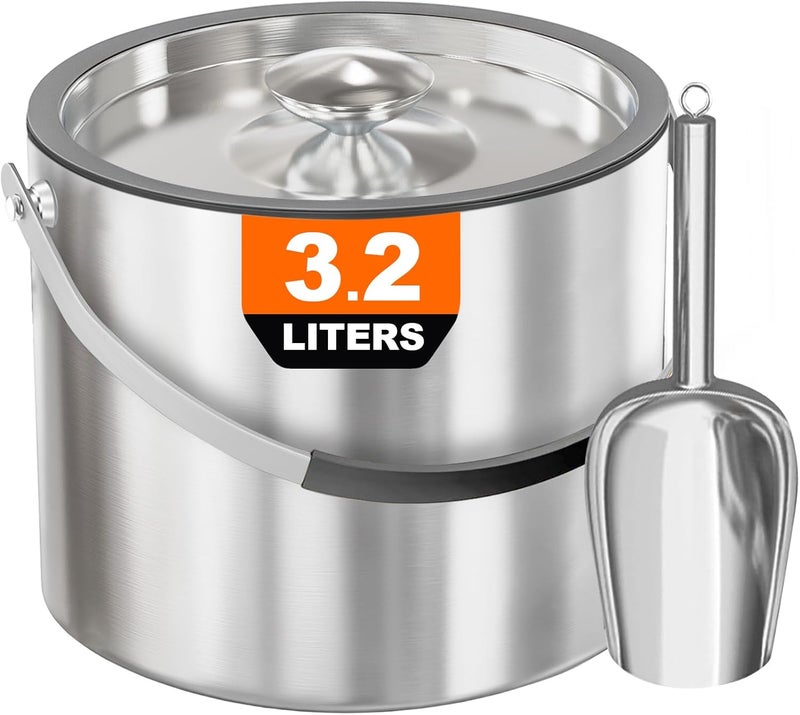 iHoo 3.2L/3.4QT Insulated Ice Bucket with Silicone Lid, Tongs & Strainer, Double Wall Stainless Steel Ice Bucket for Parties and Cocktail Bar, Upgraded Silicone Cover Keep Ice Frozen Longer - Image 1